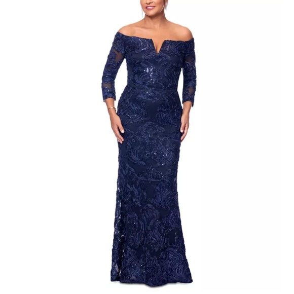 XSCAPESequin Embellished Off-The-Shoulder 3/4-Sleeve Gown
